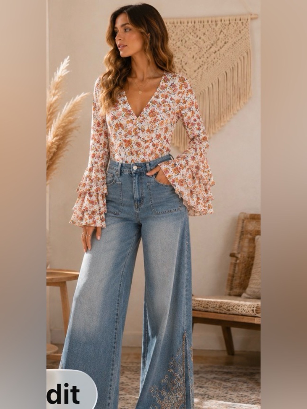 Free People Floral Bell Sleeve Boho Bodysuit Size L